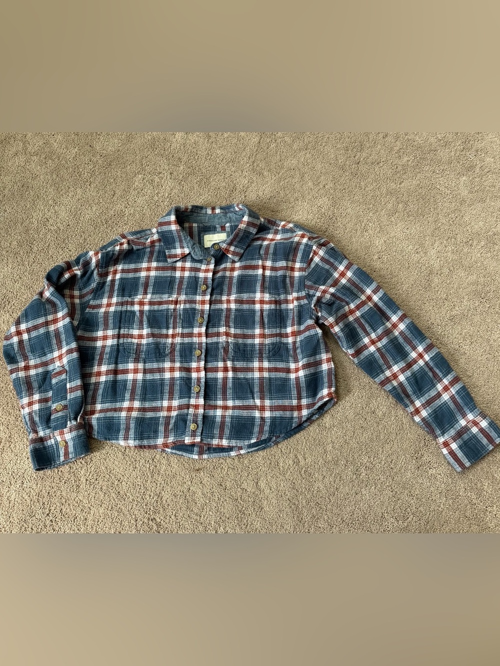American Eagle Women’s Flannel Button-Down Shirt in Blue & Red